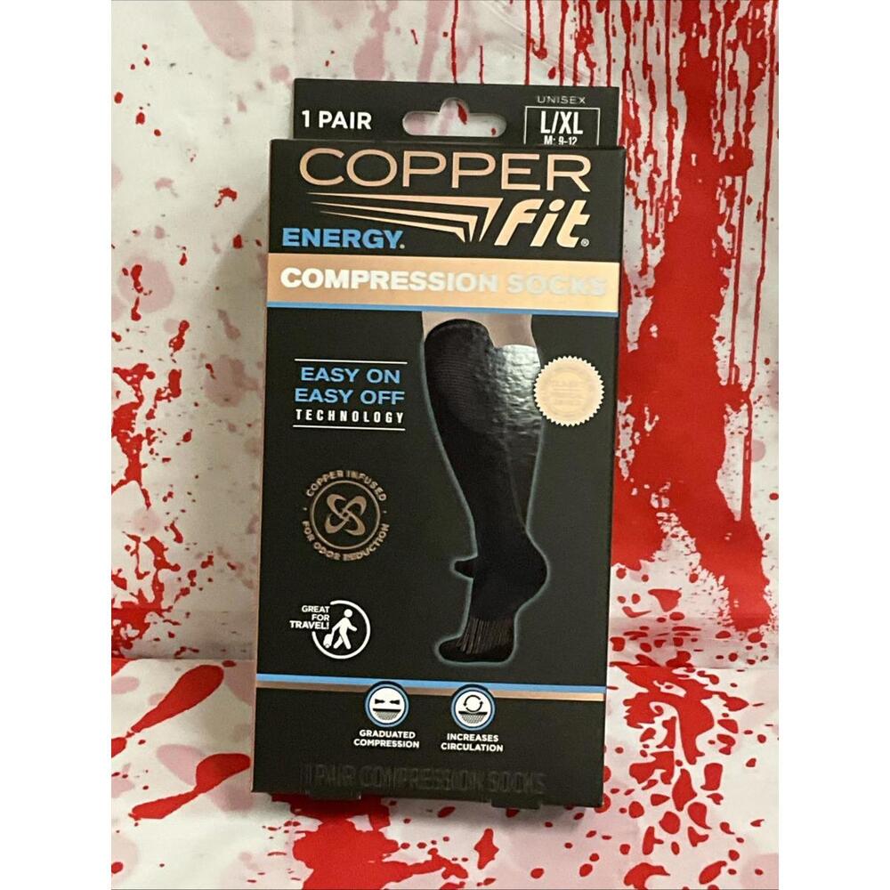 Copper Fit Energy Knee High Compression Socks Size L/XL - Black (One Pair)
